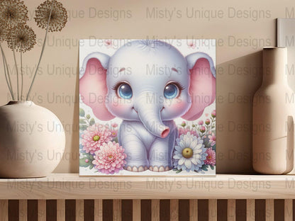 Cute Baby Elephant Clipart, Nursery Animal PNG, Digital Download, Floral Elephant Graphic, Kids Room Wall Art