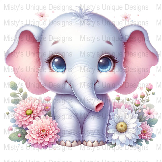 Cute Baby Elephant Clipart, Nursery Animal PNG, Digital Download, Floral Elephant Graphic, Kids Room Wall Art