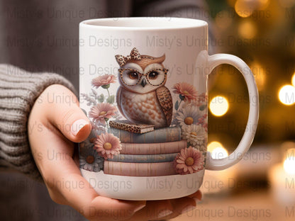 Cute Owl With Glasses Clipart, Floral Digital Download, PNG Illustration, Book Lover Clip Art, Instant Download Commercial Use