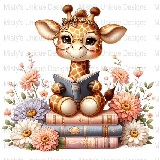 Cute Giraffe Clipart PNG, Digital Download, Baby Giraffe with Books, Floral Background, Nursery Wall Art, Kids Room Decor, Printable Image