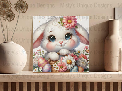 Adorable Bunny Clipart, Cute Easter Rabbit PNG, Digital Download, Spring Flowers, Decorative Eggs Illustration, Floral Crown Bunny Art