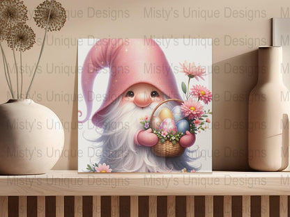Cute Gnome with Easter Basket Clipart, Spring Digital Download, Pastel Egg PNG, Floral Gnome Design for Crafting and Cards