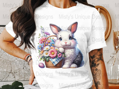 Easter Bunny Clipart, Cute Rabbit Digital Download, Floral Basket PNG, Spring Decoration, Scrapbooking DIY, Printable Art, Holiday Decor