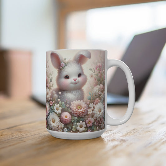 Adorable Bunny Mug, Whimsical Cute Rabbit Floral Coffee Cup, Perfect Springtime Gift, Soft Pastel Colors, Unique Gift for Easter Celebration