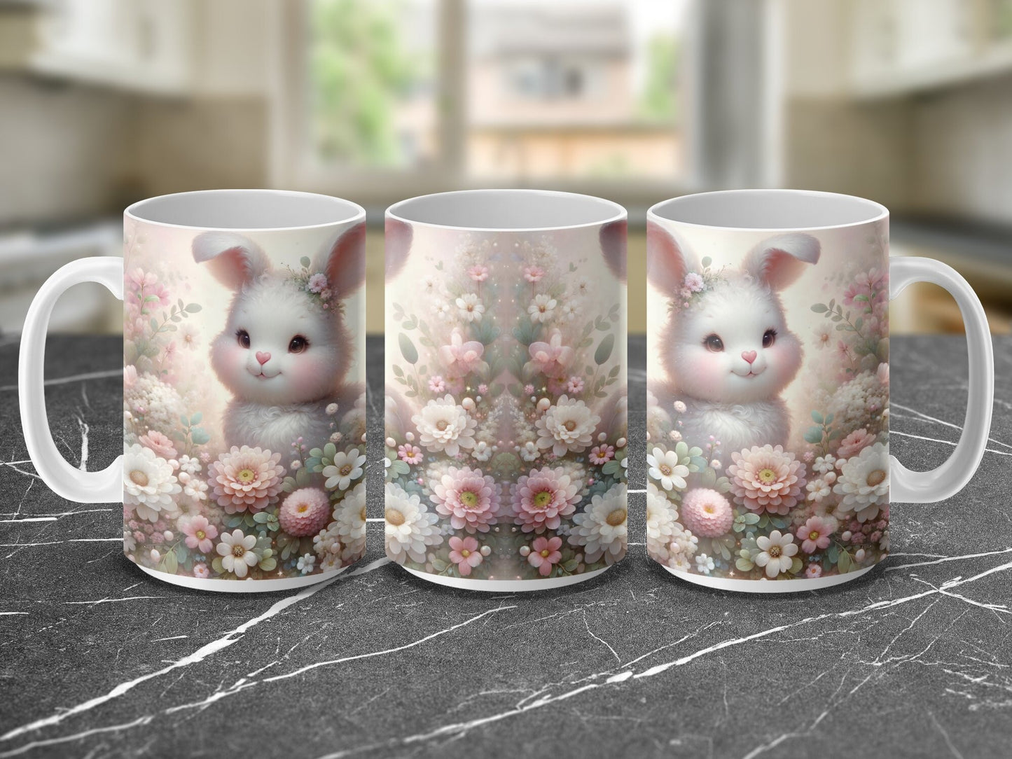 Adorable Bunny Mug, Whimsical Cute Rabbit Floral Coffee Cup, Perfect Springtime Gift, Soft Pastel Colors, Unique Gift for Easter Celebration