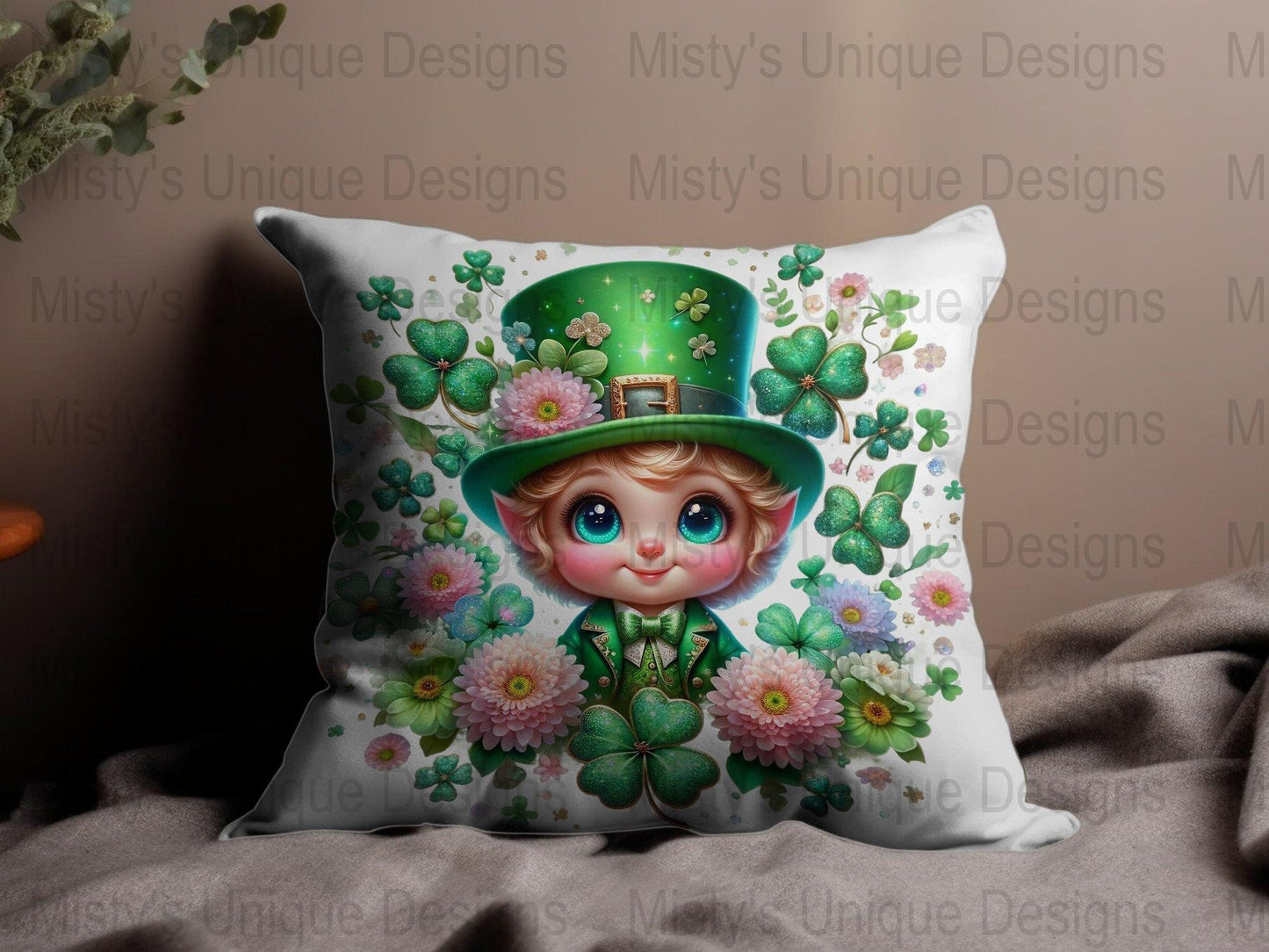 St. Patrick&#39;s Day Cute Character Clipart, Shamrock Digital PNG, Floral Irish Decor, Green Hat Illustration, Lucky Clover Download