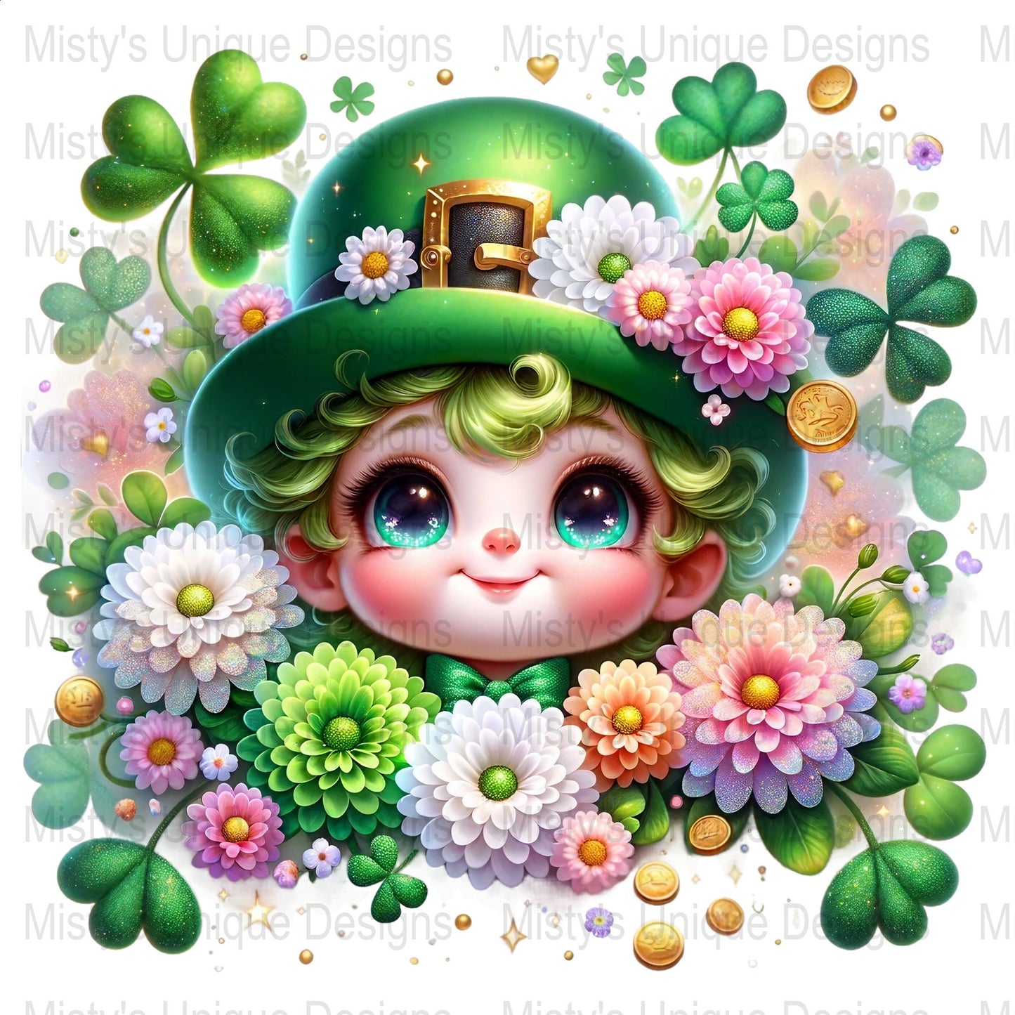 St. Patrick&#39;s Day Clipart, Cute Leprechaun PNG, Digital Download, Irish Festive Graphics, Green Hat, Floral Decor, Coins