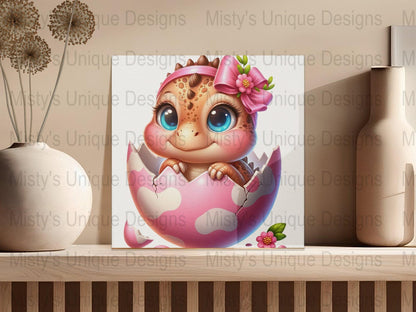 Cute Dinosaur Hatchling Clipart, Baby Dino Digital Download, Pink Egg PNG, Kids Room Decor, Nursery Artwork, Printable Illustration