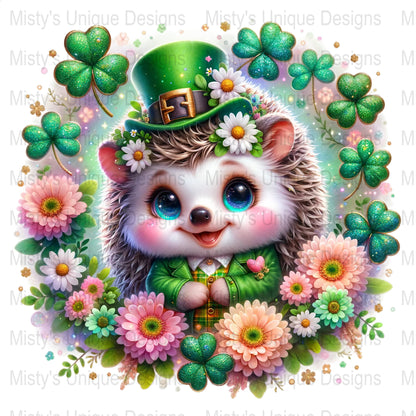 St. Patrick&#39;s Day Clipart, Cute Hedgehog Digital Download, Shamrock PNG, Floral Clip Art, Spring Decoration, Lucky Charm Design