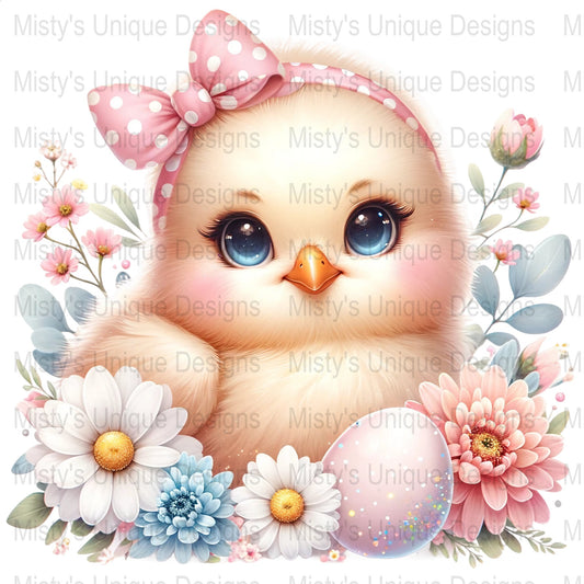 Cute Easter Chick Clipart, Pink Bow, Spring Flowers, Digital Download PNG, Baby Shower Design, Scrapbook Graphic, Printable Art