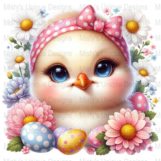 Cute Easter Chick Digital Clipart, Spring Flowers PNG, Adorable Baby Bird Instant Download, Kawaii Easter Eggs Graphics for Crafting