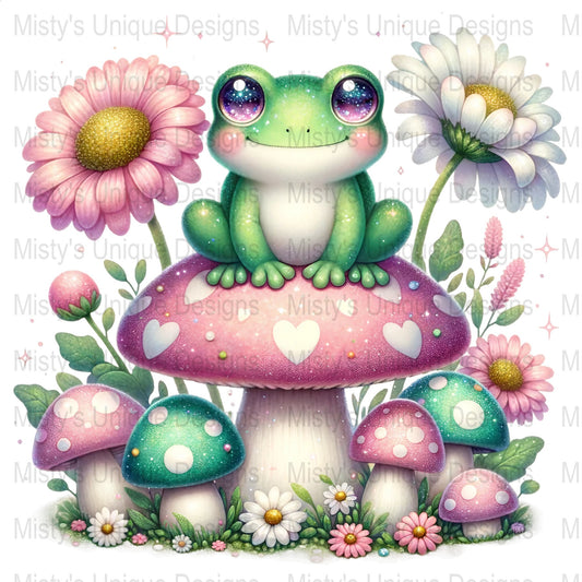 Cute Frog on Mushroom Clipart, Digital Download, PNG File for Crafts, Whimsical Animal Illustration, Crafting Supplies, Scrapbooking