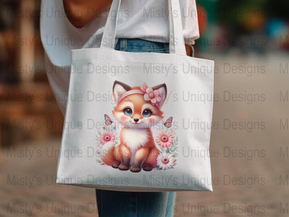 Cute Fox Clipart, Floral Woodland Animal PNG, Digital Download, Nursery Decor Art, Baby Shower Decoration, Girly Fox Illustration, Printable