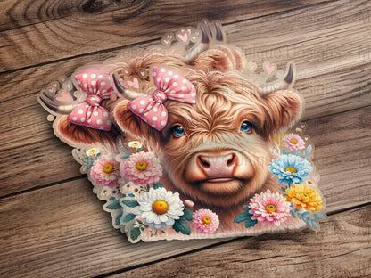 Cute Highland Cow Clipart with Pink Bow, Floral Farm Animal PNG, Digital Download for Crafts, Scrapbooking, Invitations, Kids Room Decor