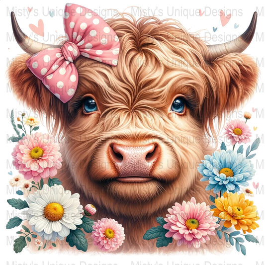 Cute Highland Cow Clipart with Pink Bow, Floral Farm Animal PNG, Digital Download for Crafts, Scrapbooking, Invitations, Kids Room Decor