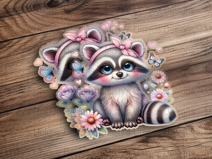 Cute Raccoon Clipart, Floral and Butterfly Digital PNG, Pink Bow Animal Illustration, Printable Nursery Decor Art, Instant Download