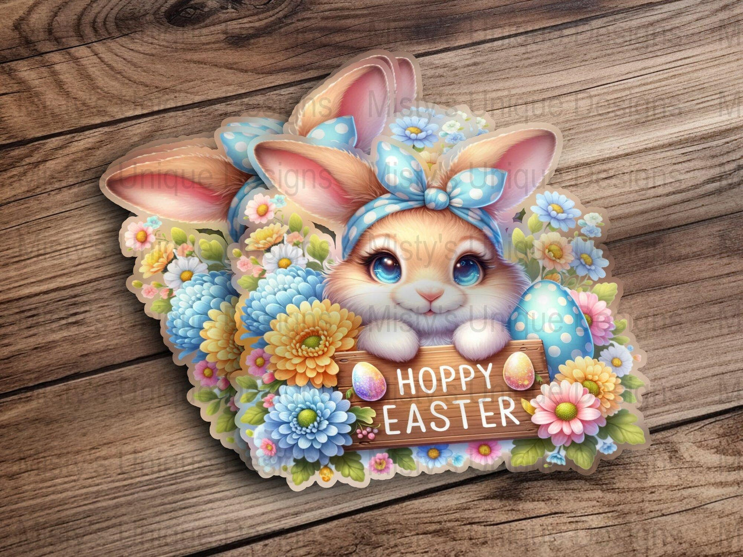 Easter Bunny Digital Download, Cute Bunny Clipart, Blue Polka Dot Bow, Spring Flowers PNG, Pastel Easter Eggs, Festive Holiday Decor