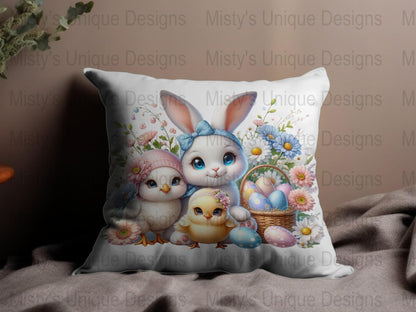Easter Bunny and Chicks Clipart, Spring Digital Download, PNG Cute Rabbits with Basket, Pastel Easter Eggs Illustration, Floral Decor