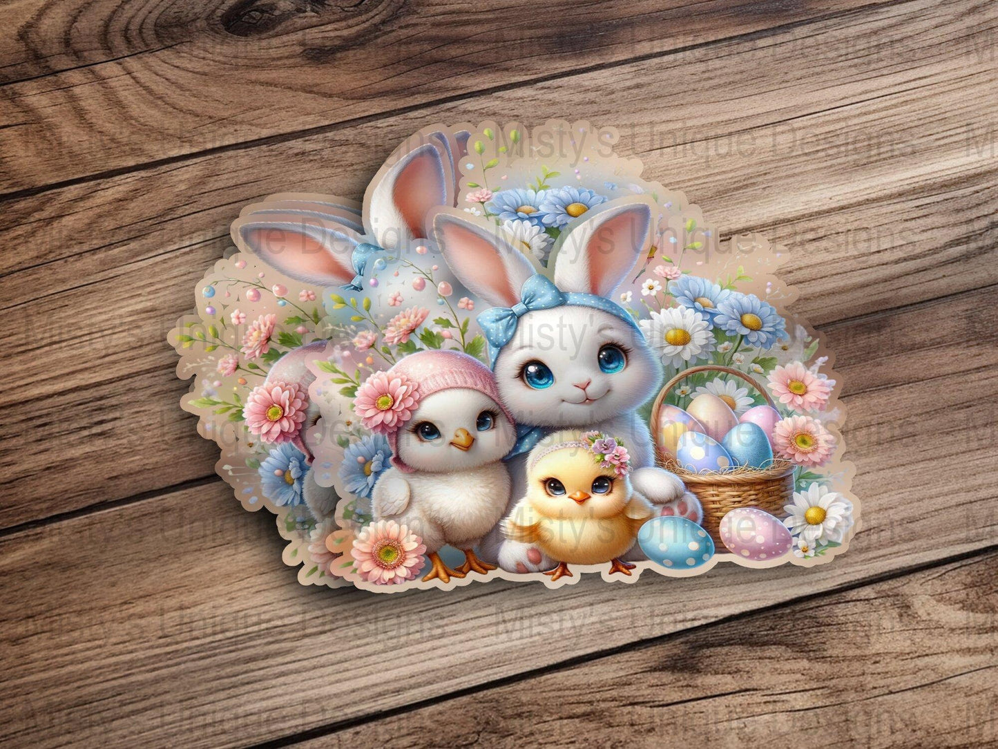Easter Bunny and Chicks Clipart, Spring Digital Download, PNG Cute Rabbits with Basket, Pastel Easter Eggs Illustration, Floral Decor