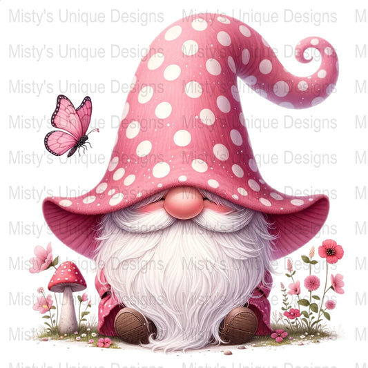 Whimsical Gnome Clipart, Pink Polka Dot Hat, Butterfly, Flowers Digital PNG, Scrapbooking, Greeting Cards, Craft Supply, Downloadable