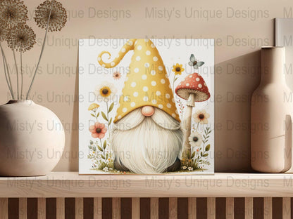 Whimsical Garden Gnome Clipart, Polka Dot Hat, Mushroom and Flowers PNG, Digital Download for Crafts, Scrapbooking, Invitations