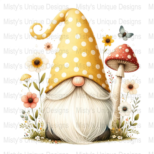 Whimsical Garden Gnome Clipart, Polka Dot Hat, Mushroom and Flowers PNG, Digital Download for Crafts, Scrapbooking, Invitations