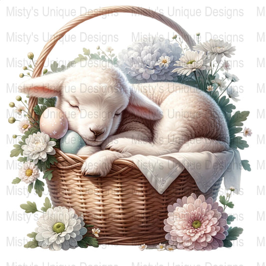 Spring Lamb Clipart, Easter Basket Digital Download, Cute Lamb PNG, Floral Clipart, Nursery Decor Art