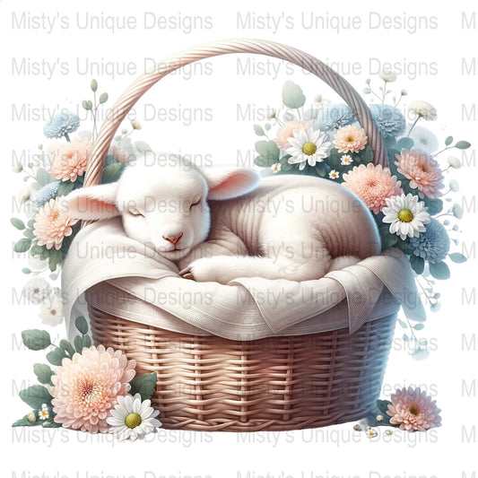 Sleeping Lamb Clipart, Cute Sheep Digital Download, Baby Animal PNG, Nursery Decor Art, Basket Floral Illustration, Commercial Use