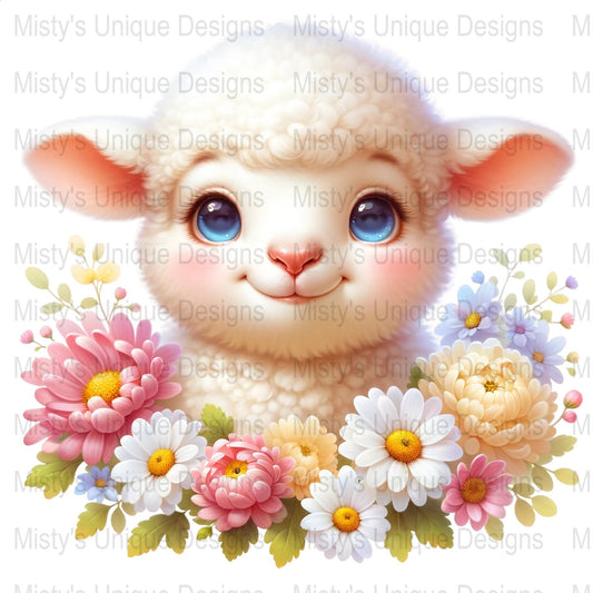 Cute Lamb Clipart PNG, Digital Download for Invitations, Scrapbooking, Nursery Art, Cartoon Lamb with Flowers Illustration