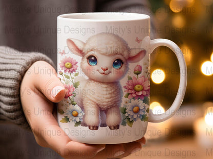 Cute Lamb Clipart, Floral Digital Download, PNG Animal Illustration, Childrens Nursery Decor, Baby Shower Art, Spring Flowers Design