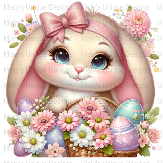Cute Easter Bunny Clipart, Digital Download, Spring Flowers and Eggs PNG, Floral Rabbit Illustration, Kid&#39;s Craft Project, Card Making
