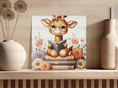 Cute Giraffe Clipart PNG, Digital Download, Baby Giraffe with Books, Floral Background, Nursery Wall Art, Kids Room Decor, Printable Image