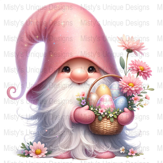 Cute Gnome with Easter Basket Clipart, Spring Digital Download, Pastel Egg PNG, Floral Gnome Design for Crafting and Cards