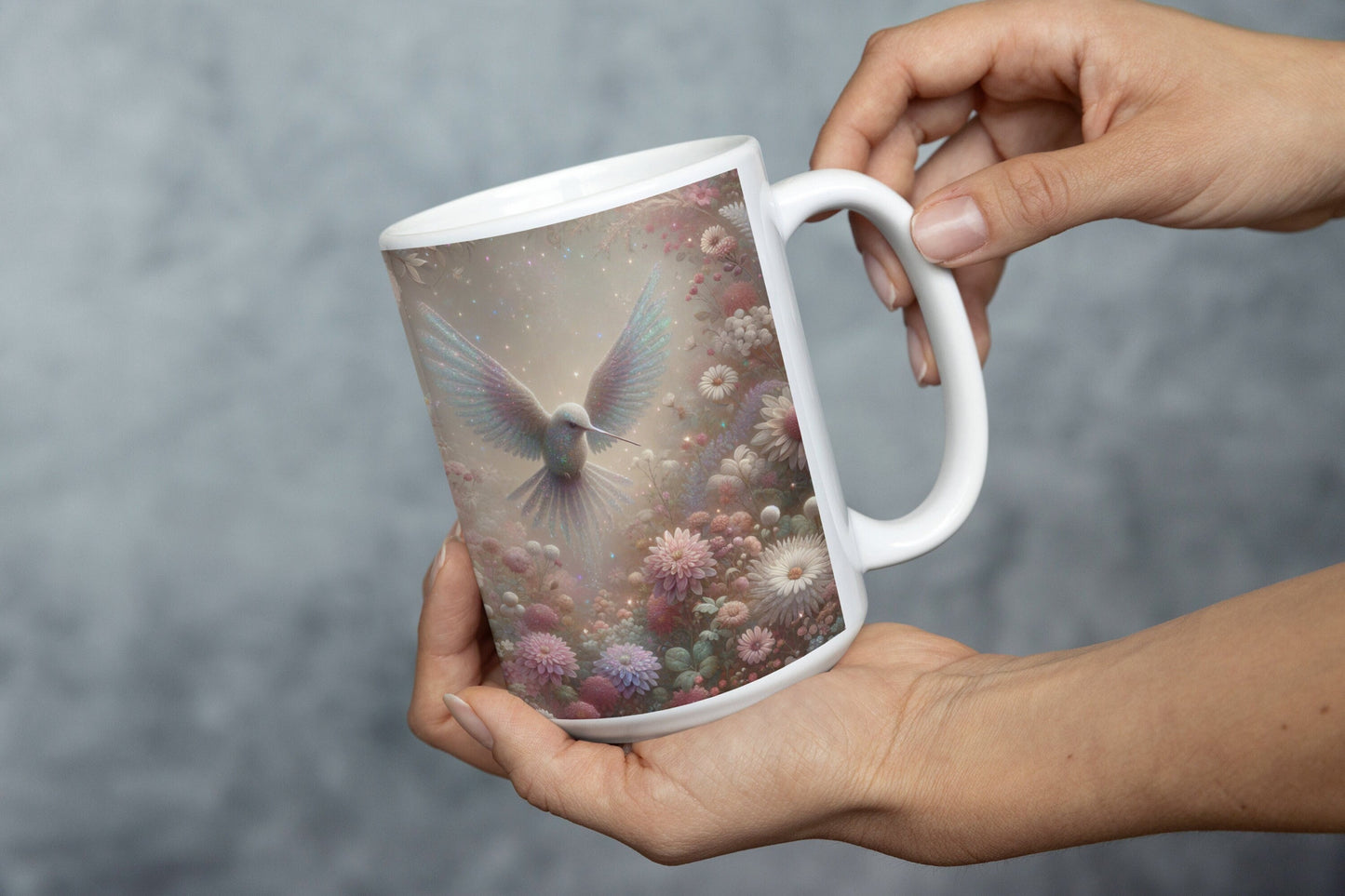 Fantasy Hummingbird Floral Mug, Enchanted Garden Coffee Cup, Mystical Bird Lover Gift, Unique Magical Nature Inspired Drinkware