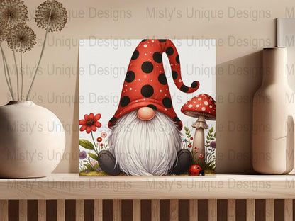 Whimsical Gnome Clipart, Digital Download, Garden Fantasy Illustration, Mushroom Graphics, Red Polka Dot Hat, Cute Fairy Tale PNG